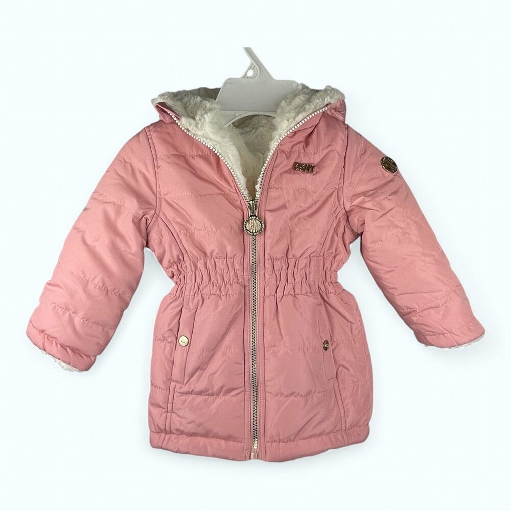 DKNY Jacket Girls Pink SZ 18M Hooded Lined Vegan Fur Gold Hardware Logo